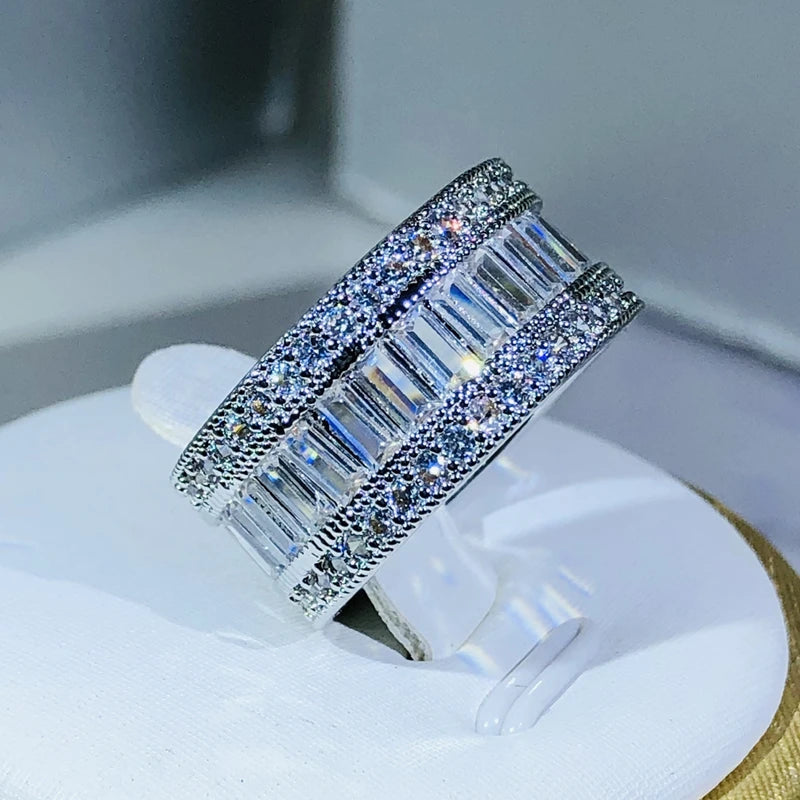 Simple Elegant 925 Sterling Silver Dazzling Rectangle CZ Zircon Crystal Ring Promise Wedding Engagement Rings for Women