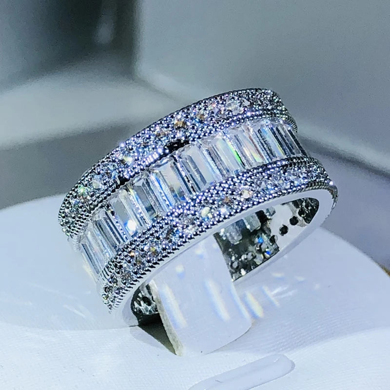 Simple Elegant 925 Sterling Silver Dazzling Rectangle CZ Zircon Crystal Ring Promise Wedding Engagement Rings for Women