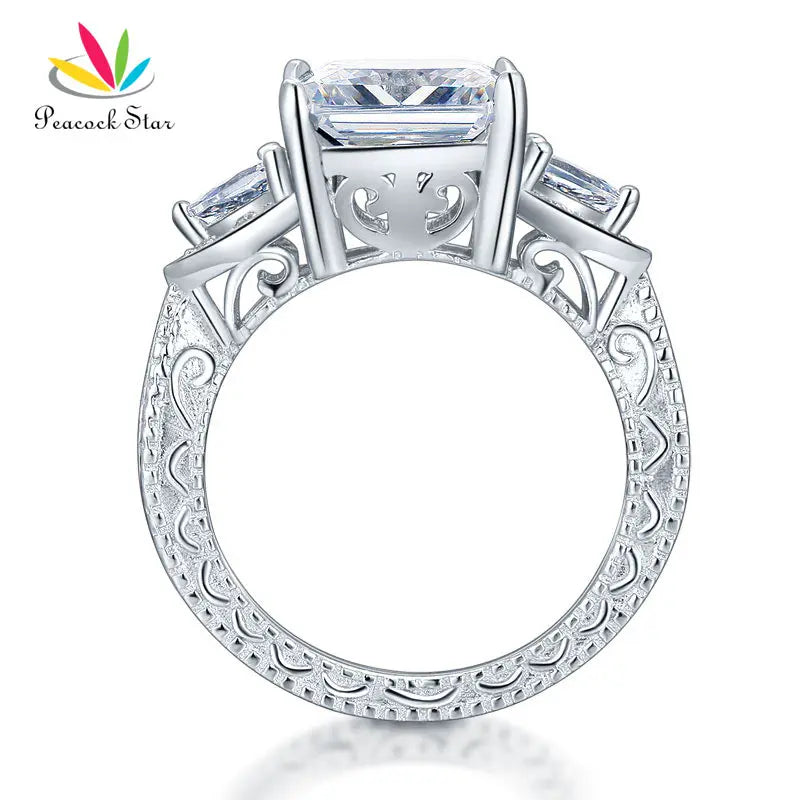 Peacock Star Luxury 3-Stones Solid 925 Sterling Silver Wedding Promise Ring Vintage Style 4 Ct Princess Cut CFR8237