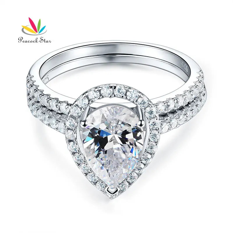 Peacock Star Solid Sterling 925 Silver Bridal Wedding Promise Engagement Ring Set 2 Ct Pear Jewelry CFR8224