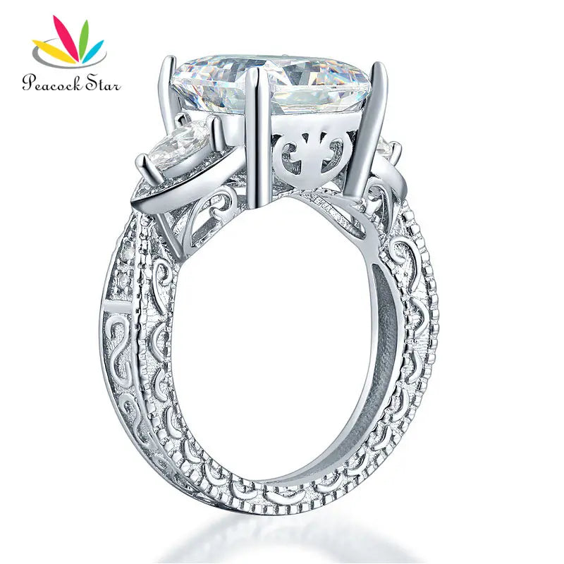 Peacock Star Luxury 3-Stones Solid 925 Sterling Silver Wedding Promise Ring Vintage Style 4 Ct Princess Cut CFR8237