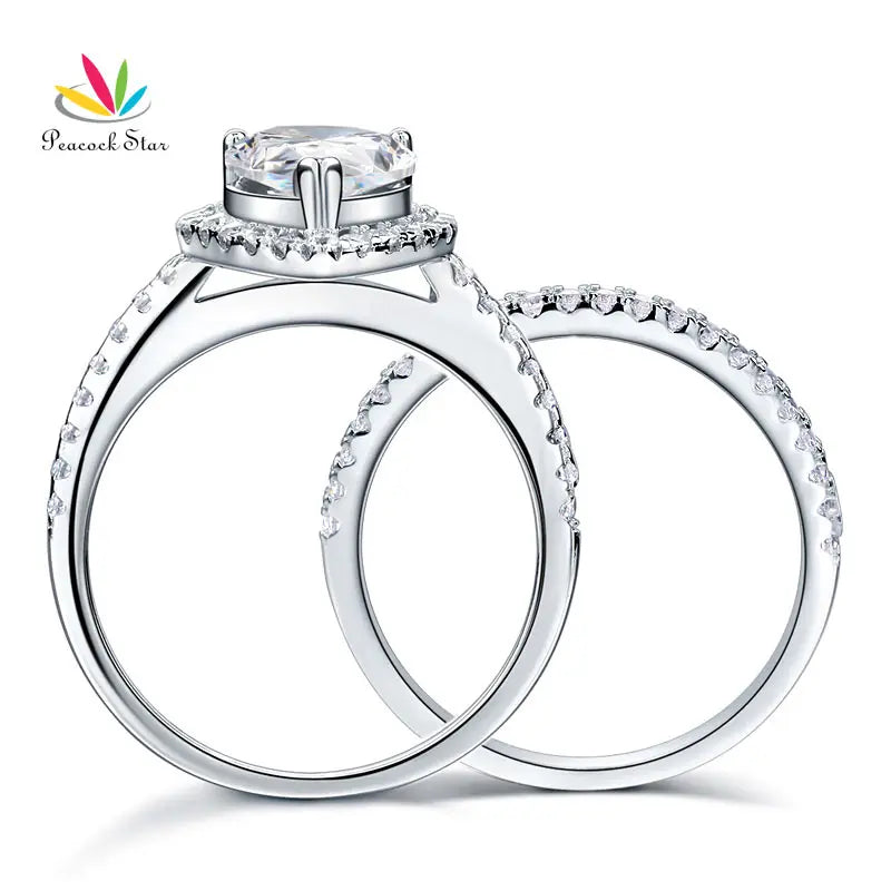 Peacock Star Solid Sterling 925 Silver Bridal Wedding Promise Engagement Ring Set 2 Ct Pear Jewelry CFR8224