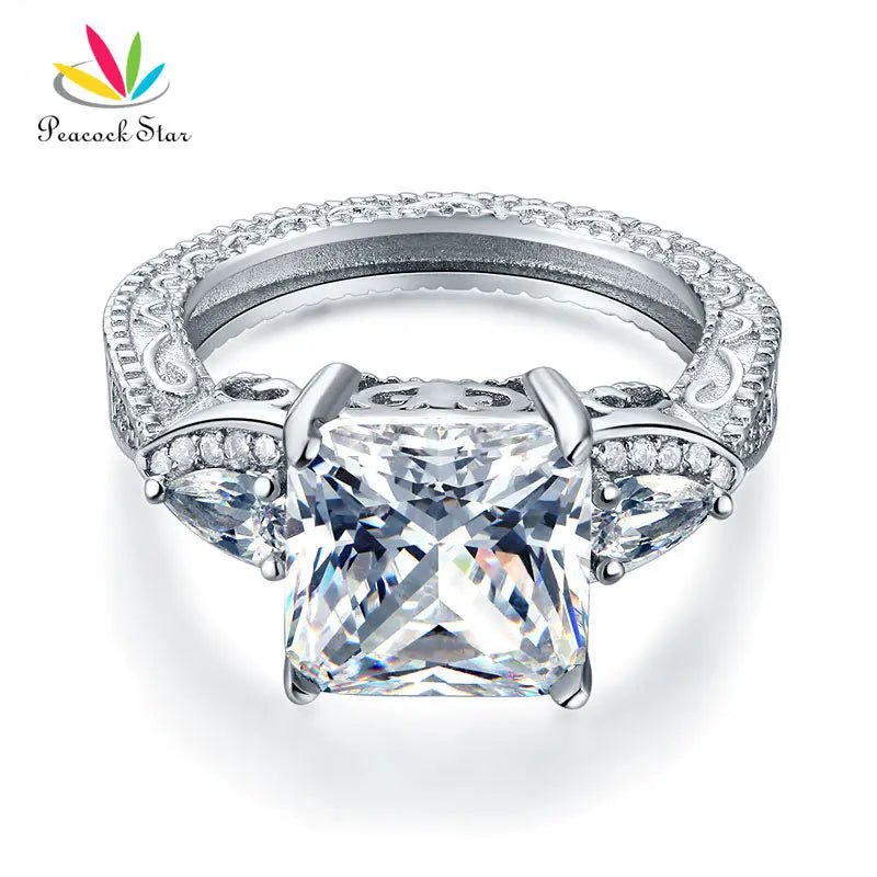 Peacock Star Luxury 3-Stones Solid 925 Sterling Silver Wedding Promise Ring Vintage Style 4 Ct Princess Cut CFR8237