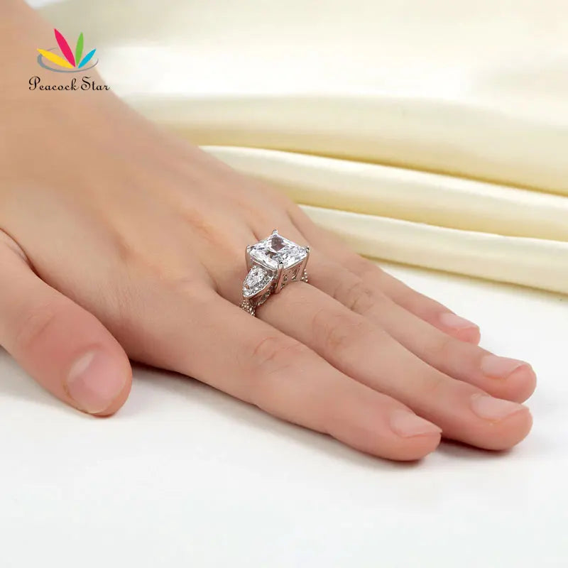 Peacock Star Luxury 3-Stones Solid 925 Sterling Silver Wedding Promise Ring Vintage Style 4 Ct Princess Cut CFR8237