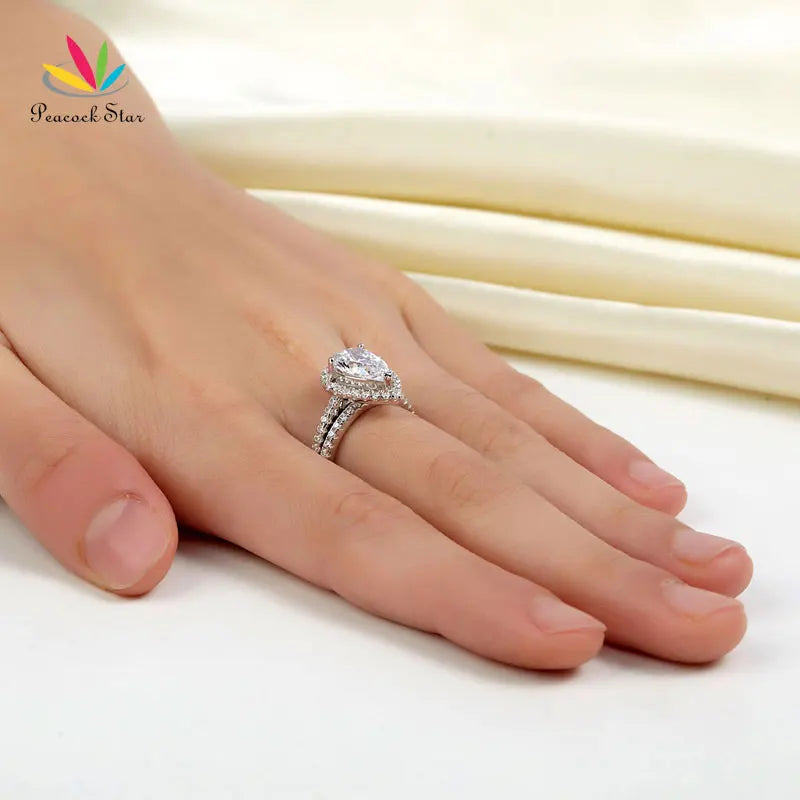 Peacock Star Solid Sterling 925 Silver Bridal Wedding Promise Engagement Ring Set 2 Ct Pear Jewelry CFR8224