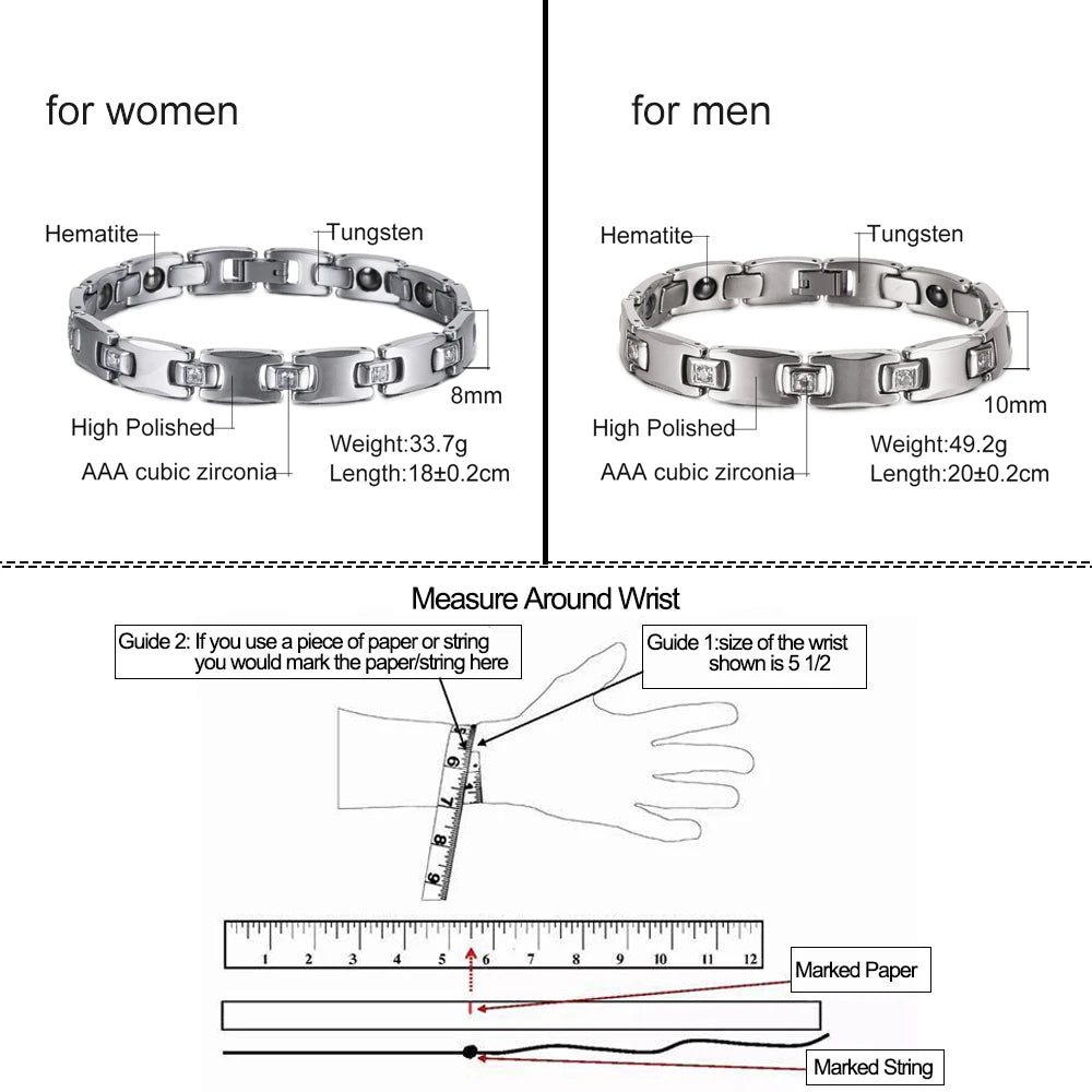 Vinterly Anti-scratch Tungsten Bracelet Male Gold-color Chain Health Magnetic Couple Lovers Energy Hematite Jewelry Waterproof