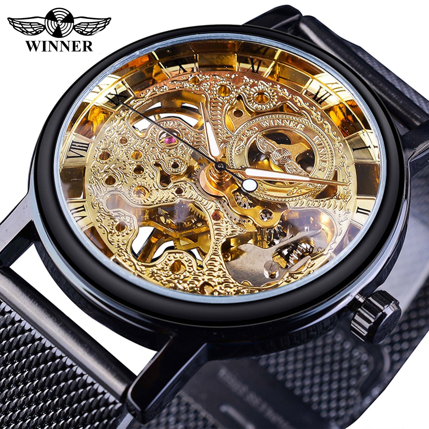 Winner Transparent Golden Case Luxury Casual Design Brown Leather Strap Mens Watches Top Brand Luxury Mechanical Skeleton Watch