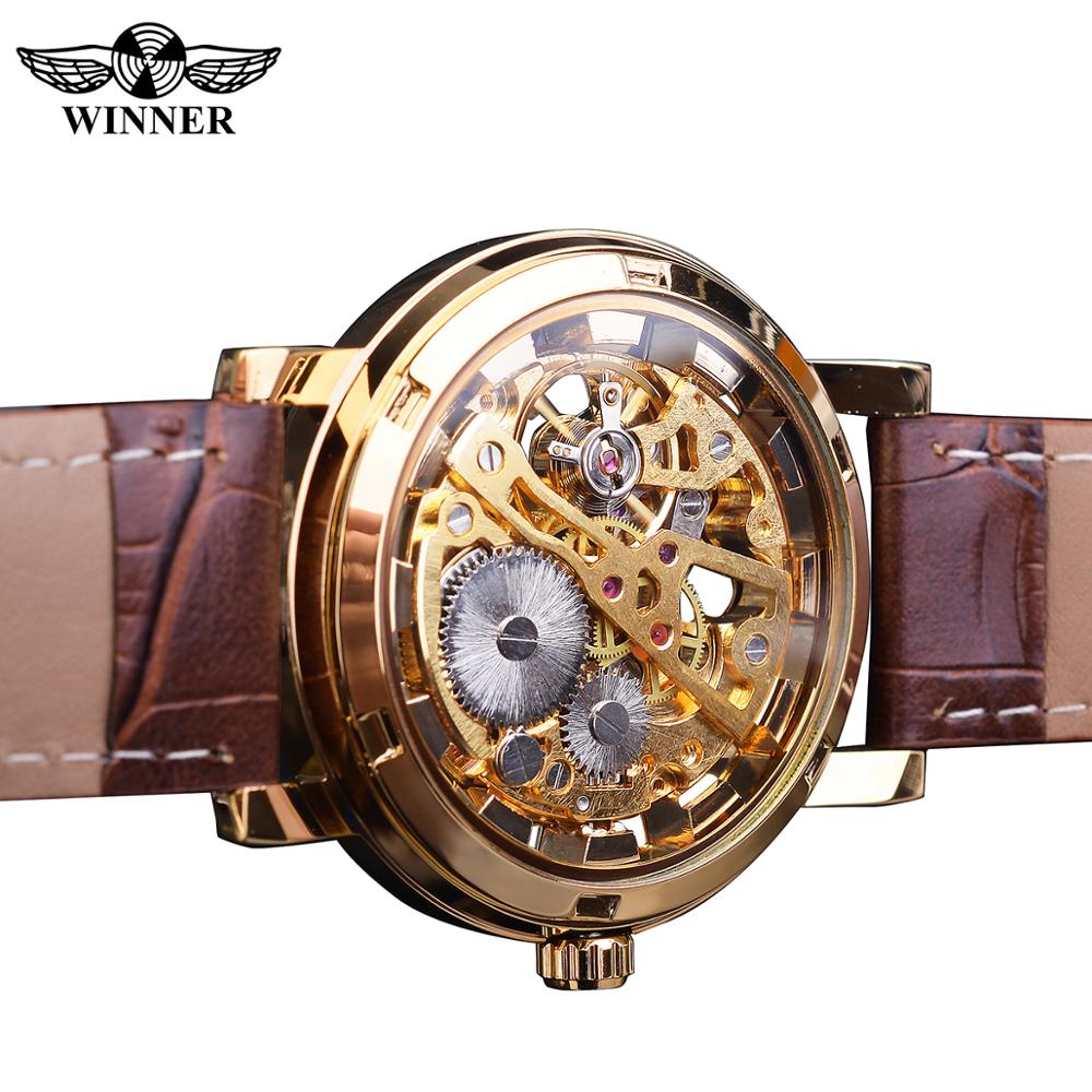 Winner Transparent Golden Case Luxury Casual Design Brown Leather Strap Mens Watches Top Brand Luxury Mechanical Skeleton Watch