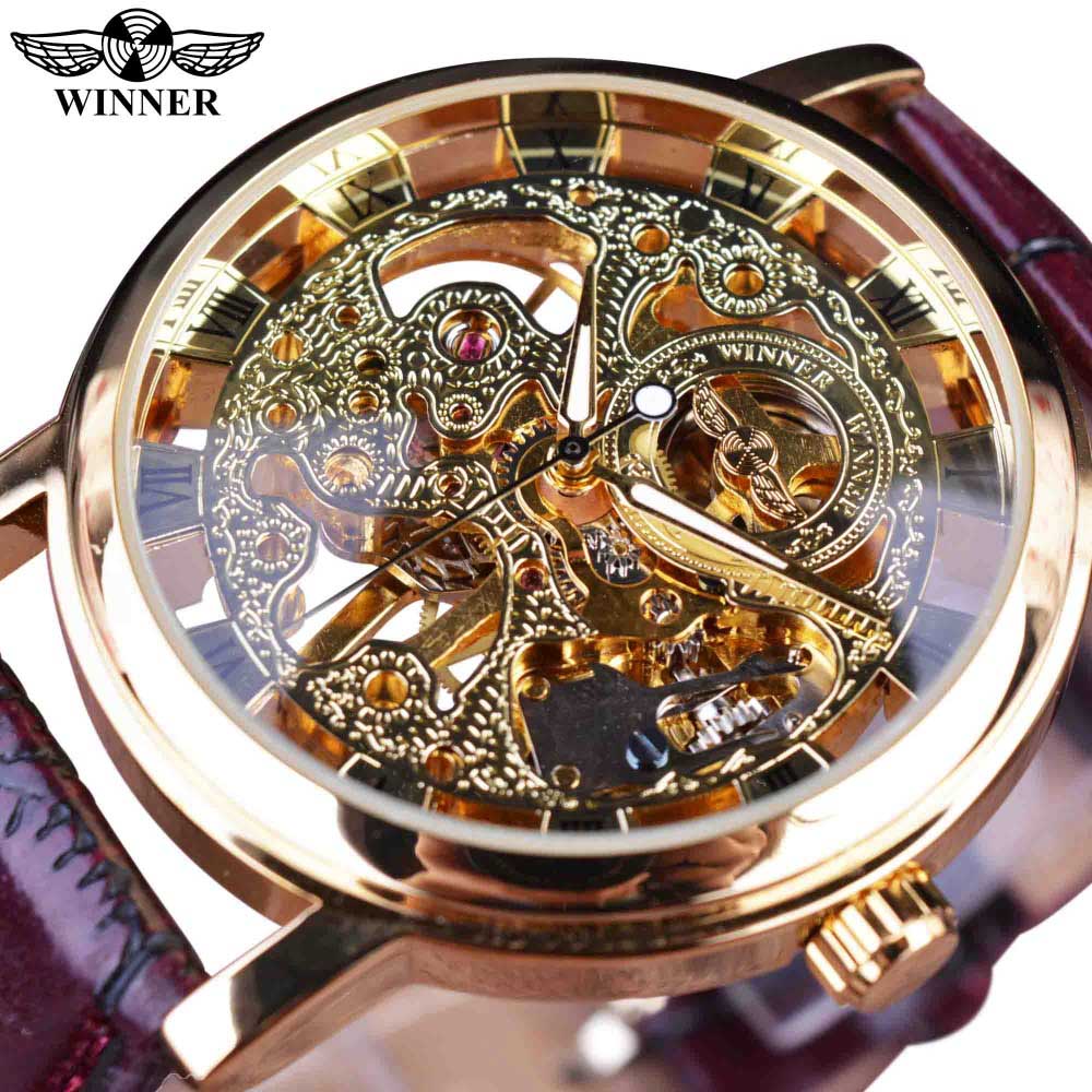 Winner Transparent Golden Case Luxury Casual Design Brown Leather Strap Mens Watches Top Brand Luxury Mechanical Skeleton Watch