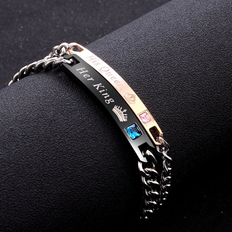 2 Style His Queen Her King Black Rose Gold Color Women&#39;s Male Chain Crystal Couple Bracelet for Men Femmo on Hands Jewelry