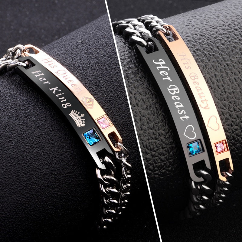 2 Style His Queen Her King Black Rose Gold Color Women&#39;s Male Chain Crystal Couple Bracelet for Men Femmo on Hands Jewelry