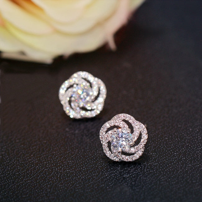 Sterling Silver Twist Stackable, Rose Flower, Zircon, Crystal Stud Earrings