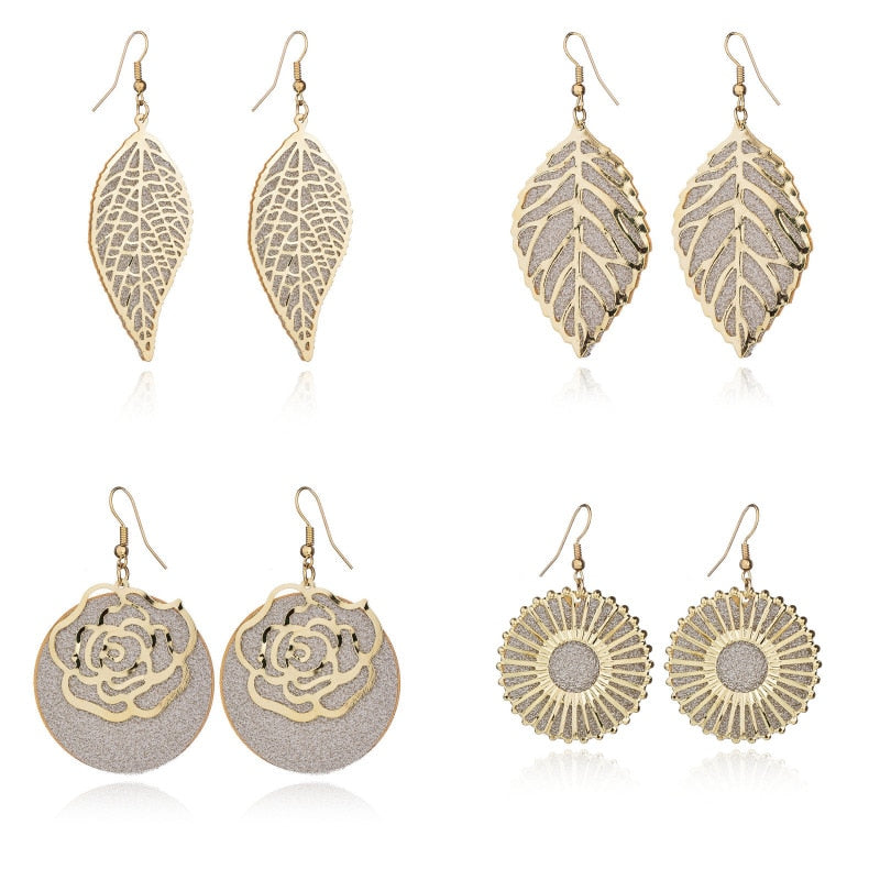 Long golden flower leaf earrings for women