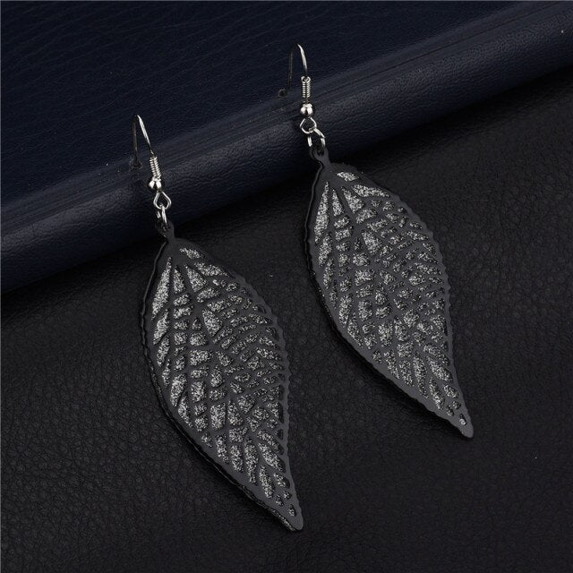 Long golden flower leaf earrings for women