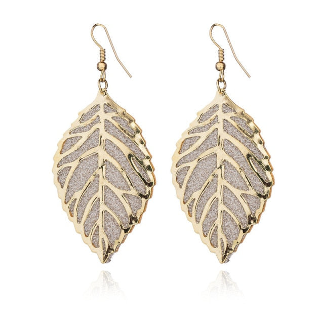 Long golden flower leaf earrings for women