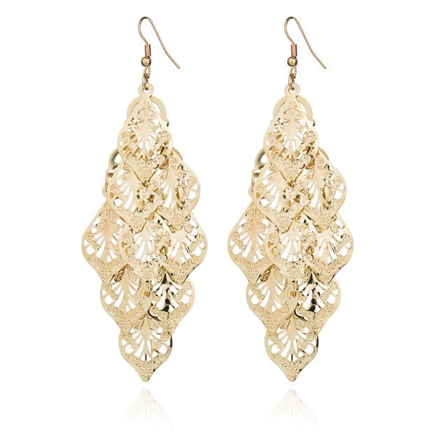 Long golden flower leaf earrings for women