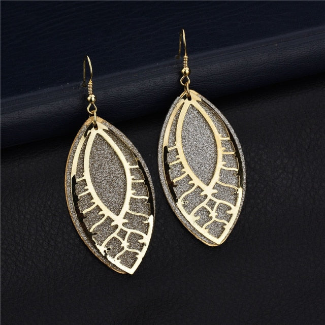 Long golden flower leaf earrings for women