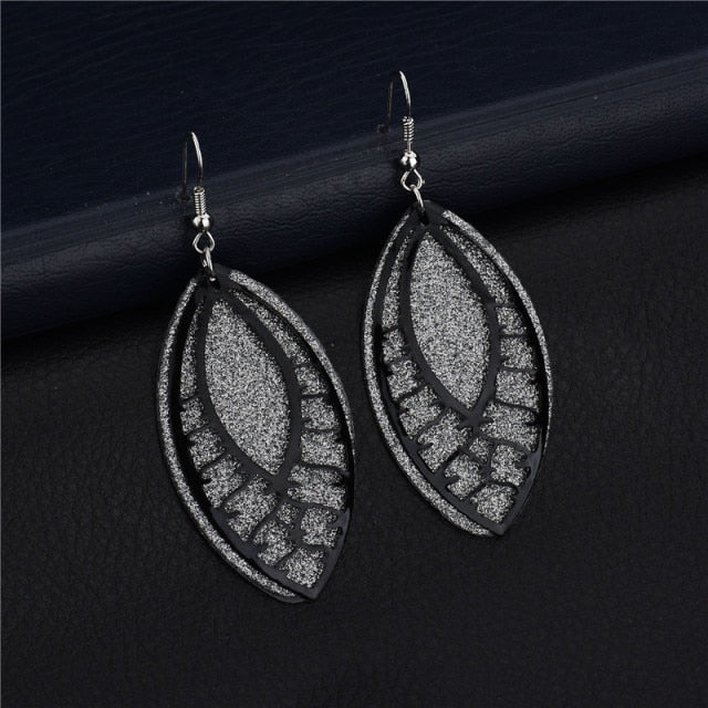 Long golden flower leaf earrings for women