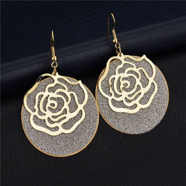 Long golden flower leaf earrings for women