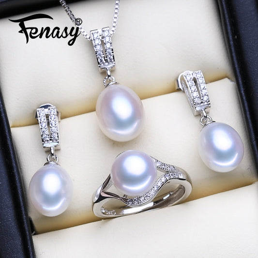 Pearl Pendant Necklaces & Earrings Elegant Silver Color Ring Set