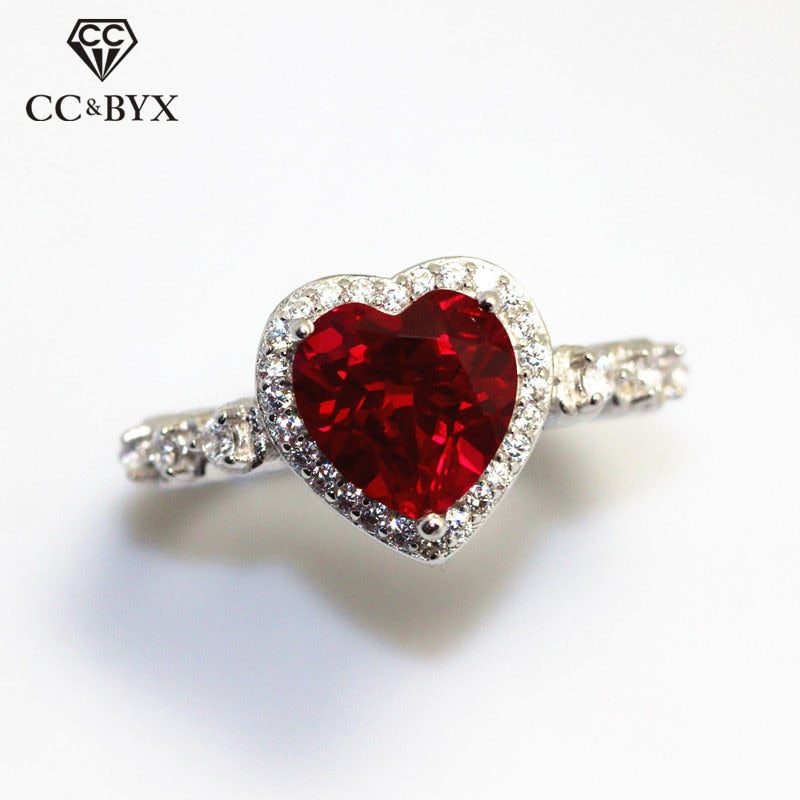 Silver Bridal Engagement Ring Red Heart Cubic Zirconia Elegant Luxury