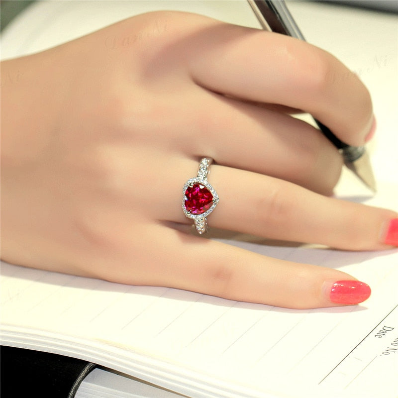 Silver Bridal Engagement Ring Red Heart Cubic Zirconia Elegant Luxury