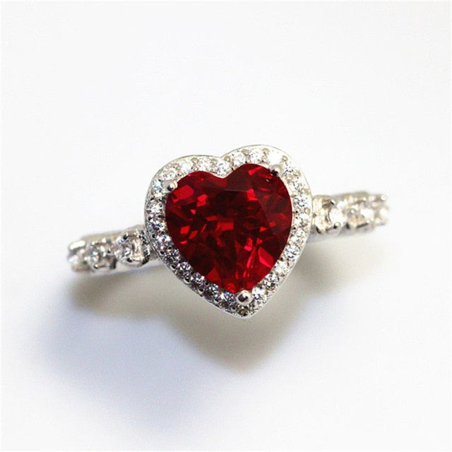 Silver Bridal Engagement Ring Red Heart Cubic Zirconia Elegant Luxury