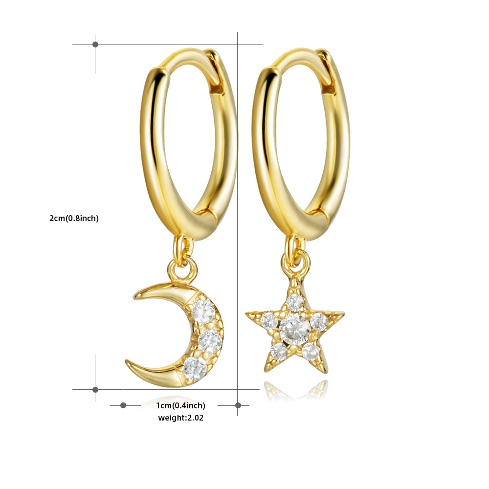 Sterling Silver Earrings Gold Color cross Moon Star Zircon Small Circle Huggie Hoop Earrings