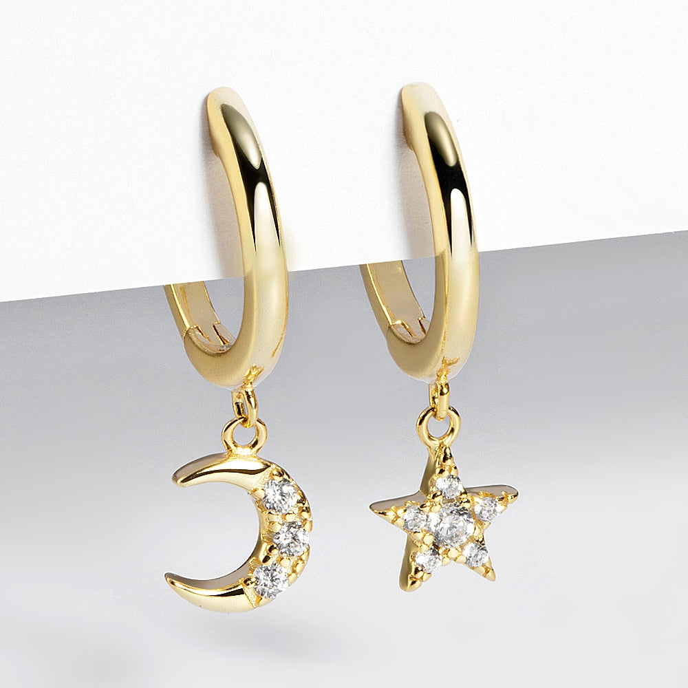 Sterling Silver Earrings Gold Color cross Moon Star Zircon Small Circle Huggie Hoop Earrings