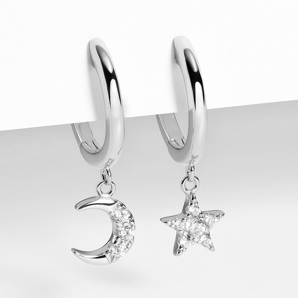 Sterling Silver Earrings Gold Color cross Moon Star Zircon Small Circle Huggie Hoop Earrings