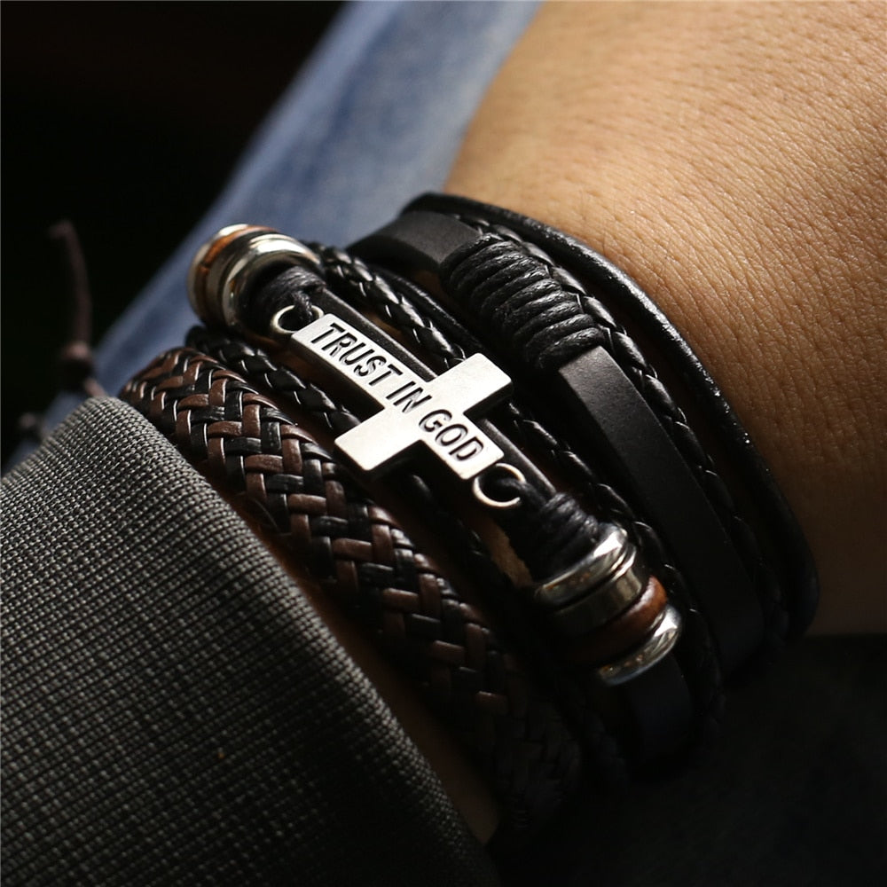 3 Pcs/Set Leather Bracelets Men Bangles For Women Wood Beads Feather TRUST IN GOD Cross Charm Homme Gift Jewelry Freely Shipping