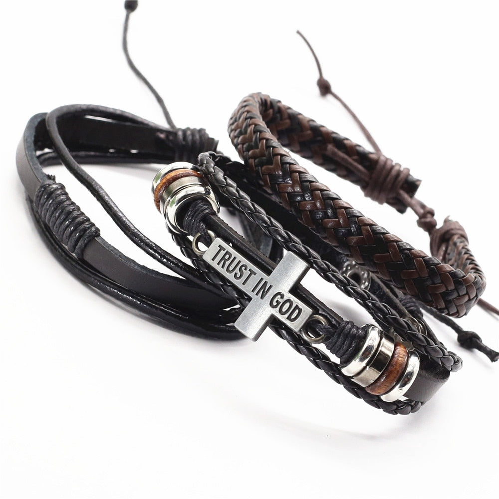 3 Pcs/Set Leather Bracelets Men Bangles For Women Wood Beads Feather TRUST IN GOD Cross Charm Homme Gift Jewelry Freely Shipping