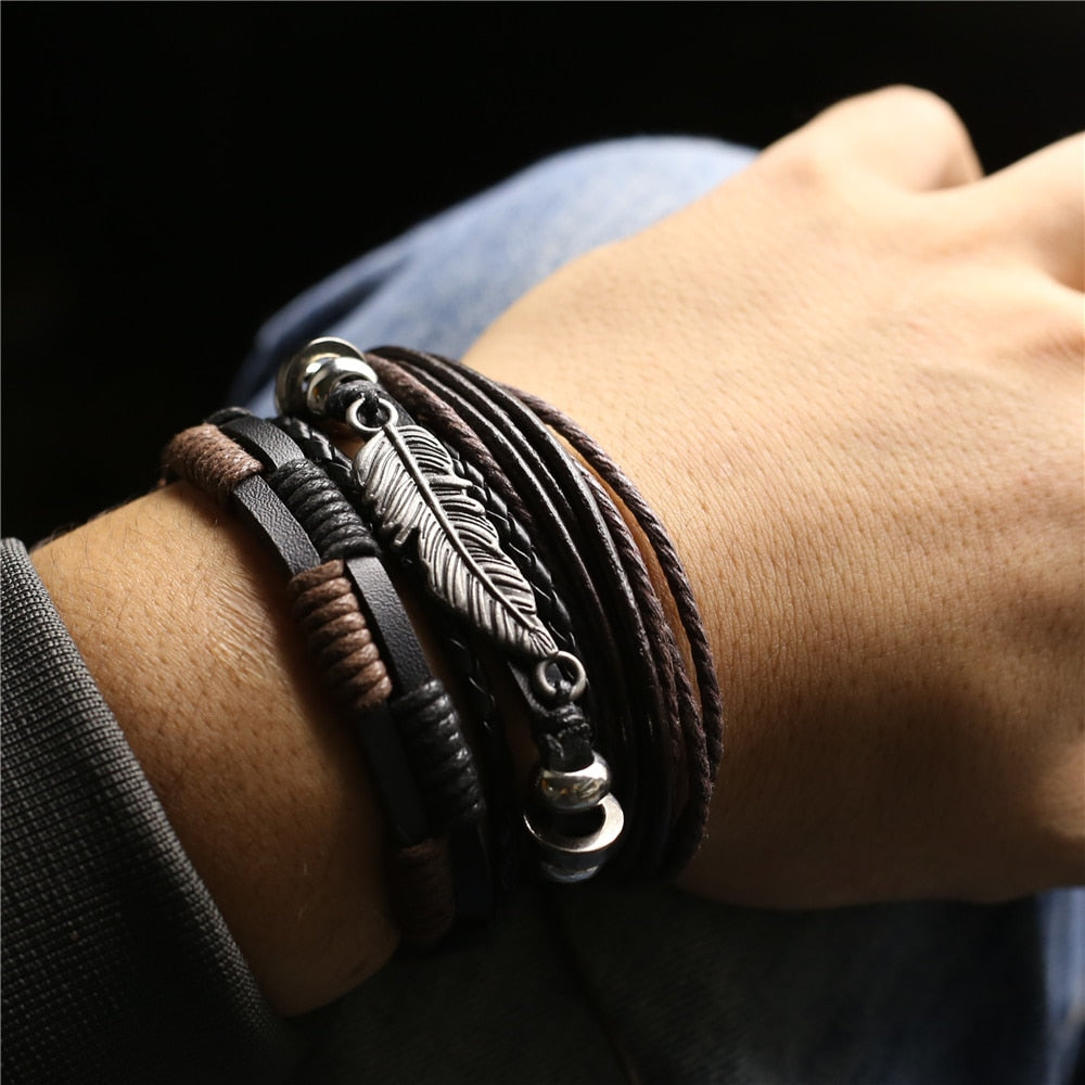 3 Pcs/Set Leather Bracelets Men Bangles For Women Wood Beads Feather TRUST IN GOD Cross Charm Homme Gift Jewelry Freely Shipping