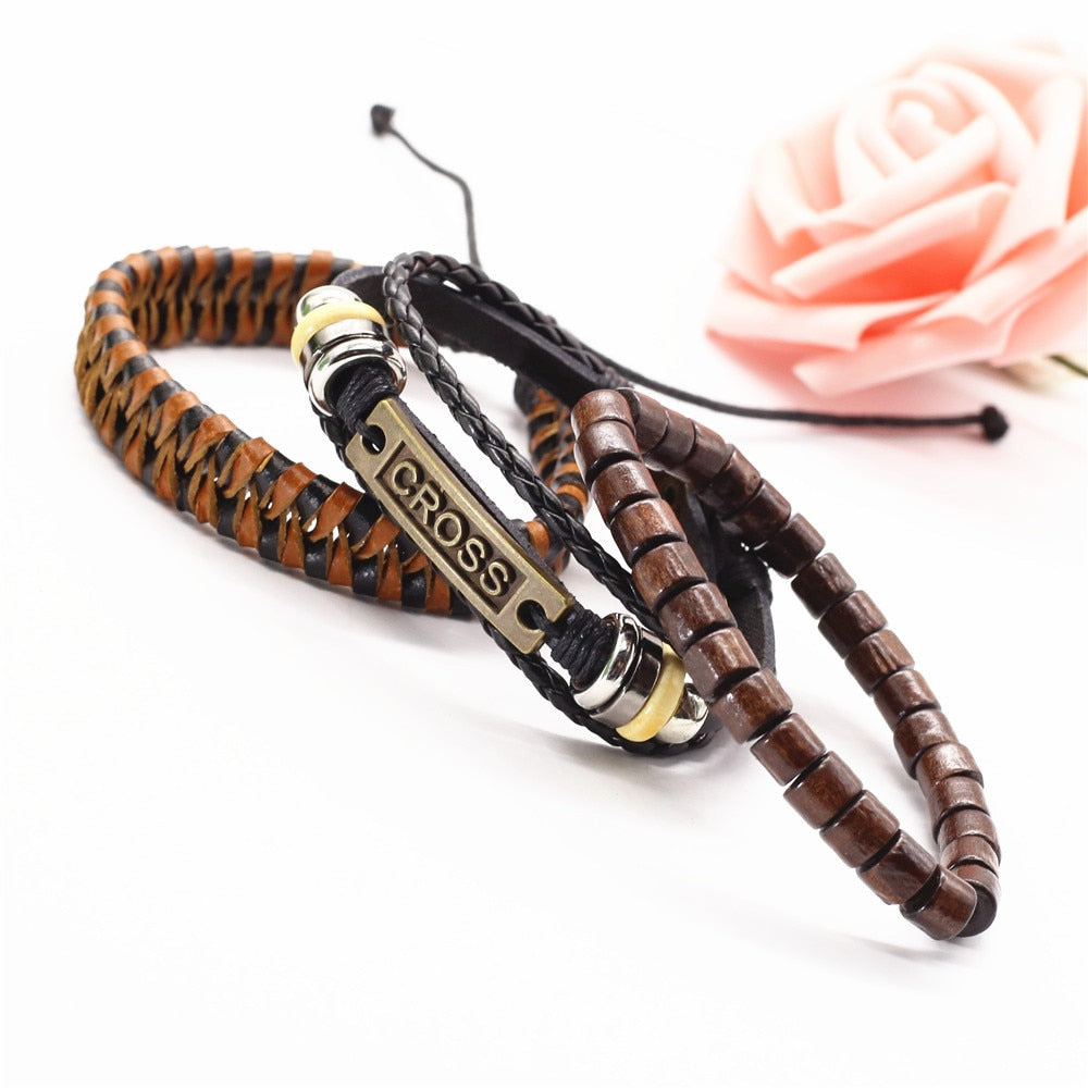 3 Pcs/Set Leather Bracelets Men Bangles For Women Wood Beads Feather TRUST IN GOD Cross Charm Homme Gift Jewelry Freely Shipping