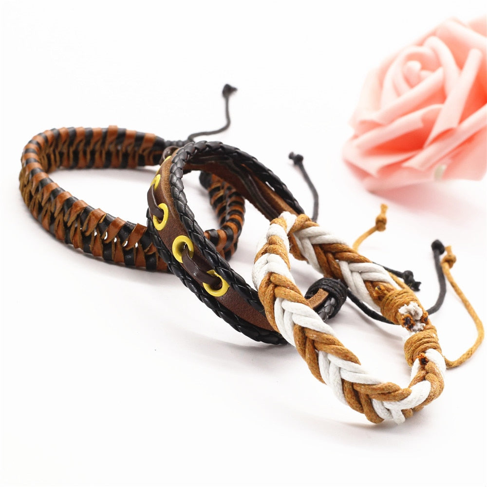 3 Pcs/Set Leather Bracelets Men Bangles For Women Wood Beads Feather TRUST IN GOD Cross Charm Homme Gift Jewelry Freely Shipping