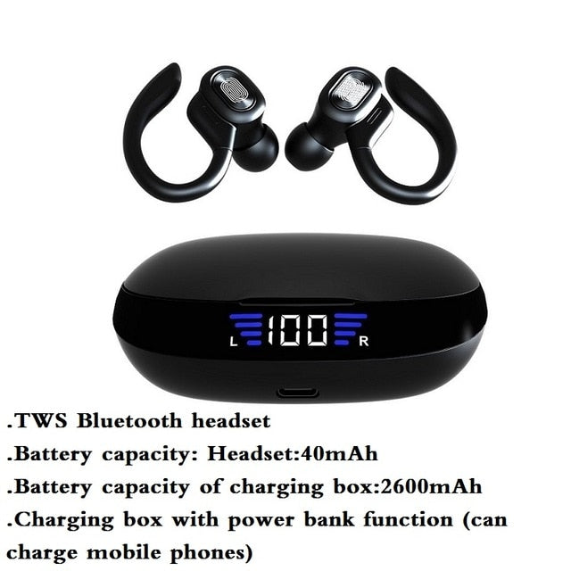 TWS Bluetooth Earphones With Microphones Sport Ear Hook LED Display Waterproof Headsets