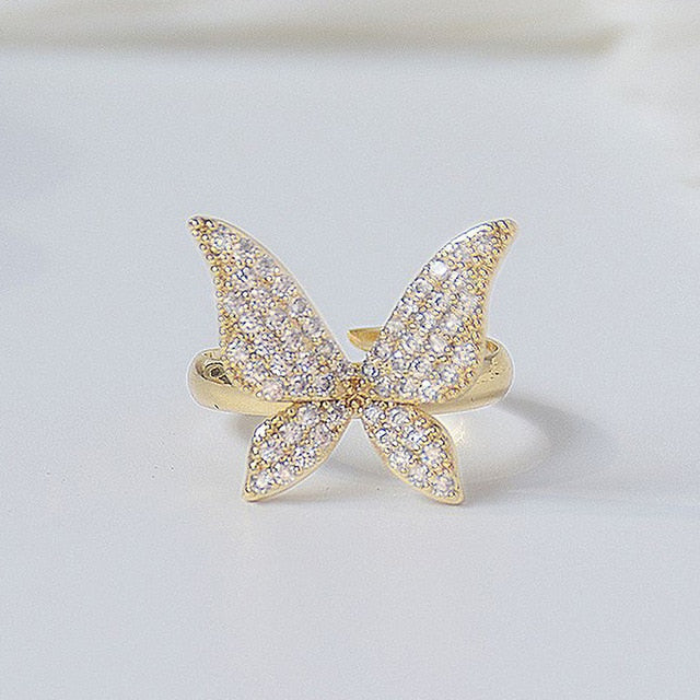 14K Gold Big Bling Butterfly Ring Zirconia