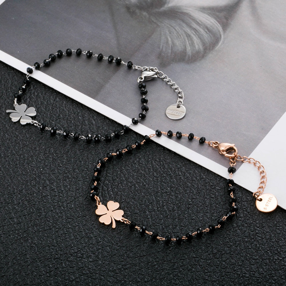 Stainless steel bracelets for women Black Crystal Beads.