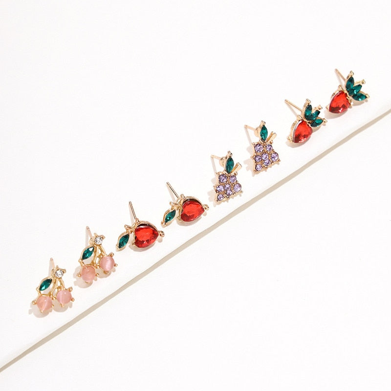 4 Pair/Set  Crystal Fruit Stud Earrings