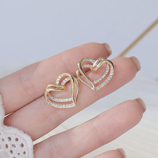 Ins Hot Sale Double Layers Hollow Heart Women Earring Fashion Design Inlaid Zircon Love Stud Earrings Jewelry Birthday Gfit