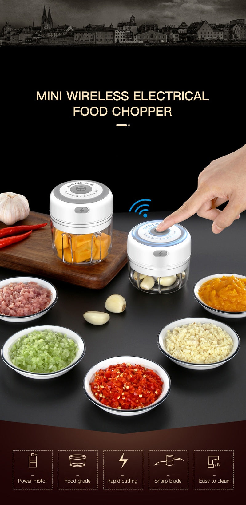 Mini cordless portable electric garlic crusher